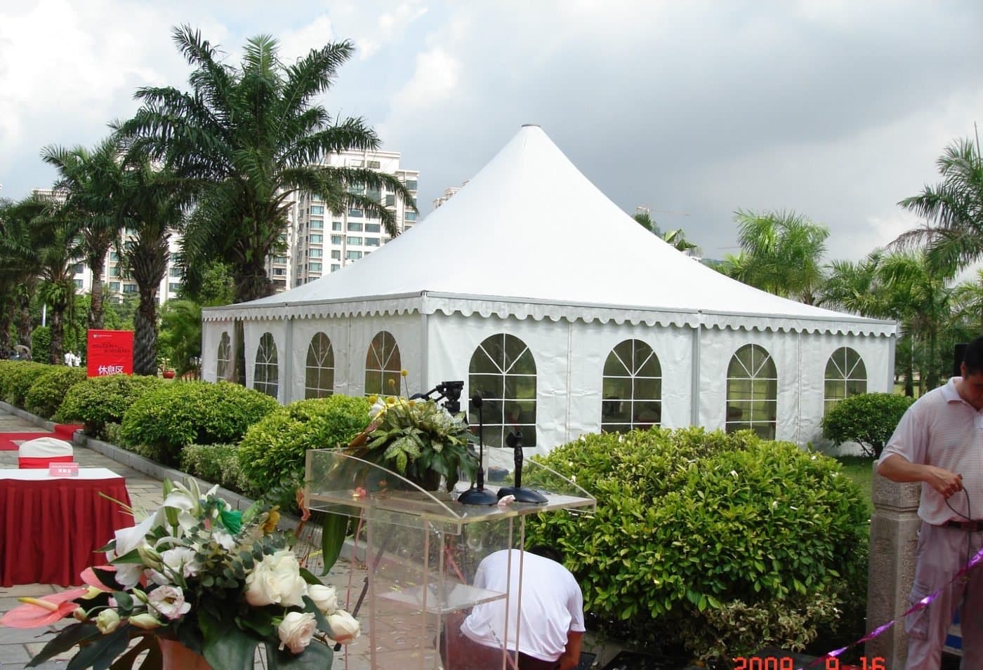 Garden ceremony pagoda with arched windows.
